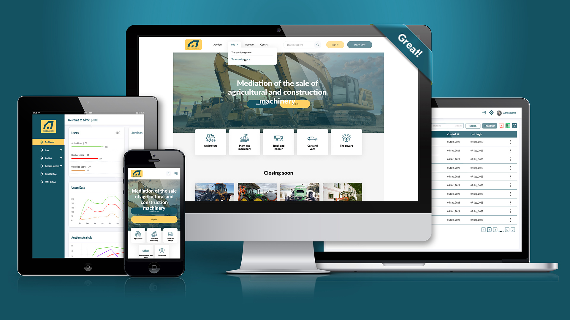 Anleggsauksjon equipment auction platform shown across devices